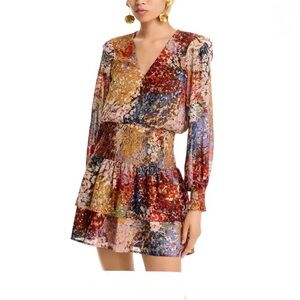 Aqua Metallic Multicolor Floral V-Neck Long Sleeve Tiered Mini Dress Sz S